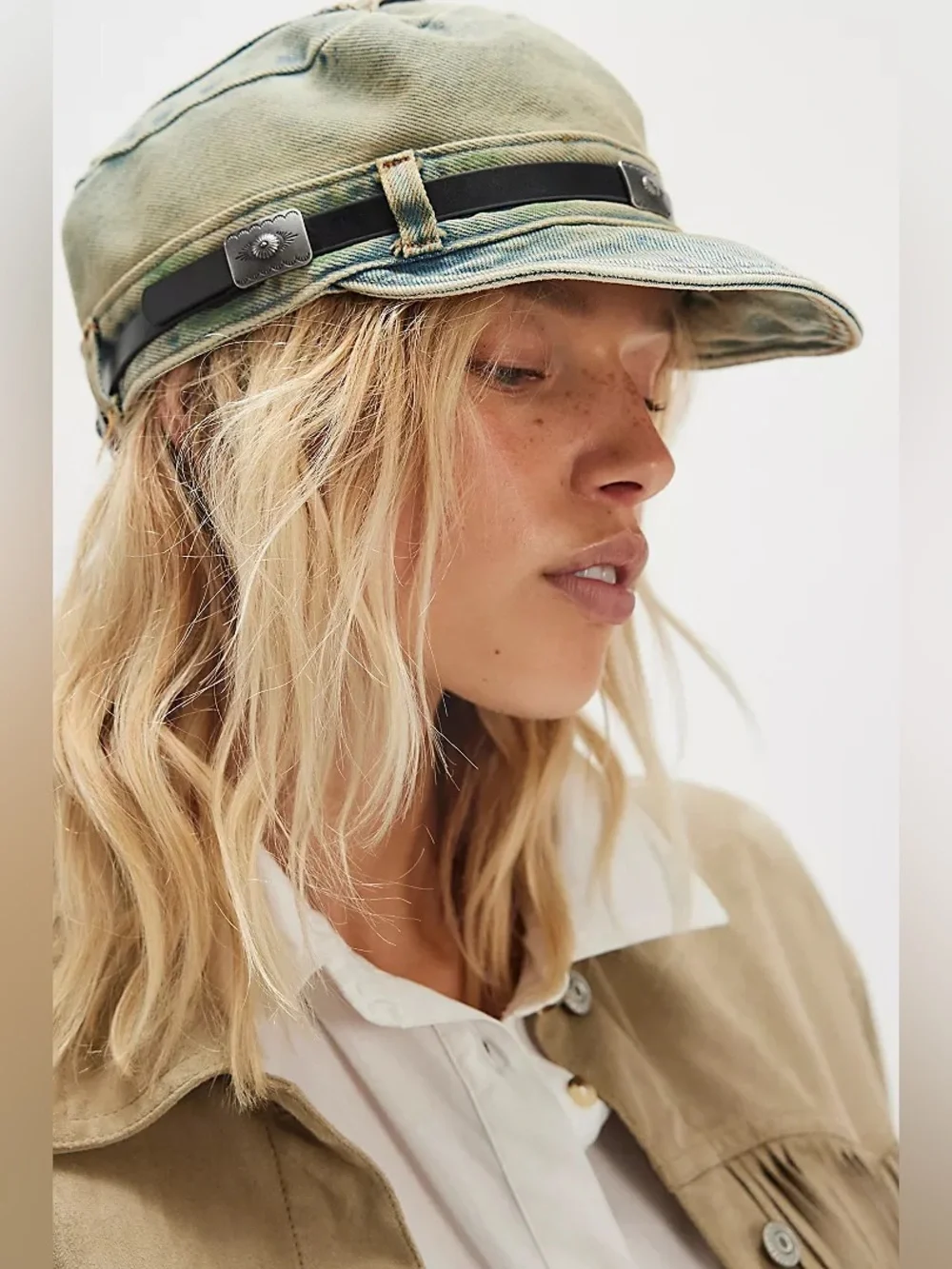 New Free People Washed Denim Jean Pocket Cadet Hat Cap